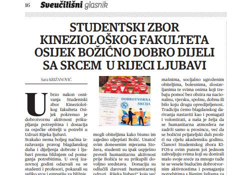 Studentski zbor Kineziološkog fakulteta Osijek Božićno dobro dijeli sa srcem u Rijeci ljubavi  (Sveučilišni glasnik), 22.siječanj 2021.