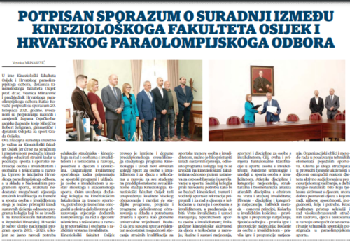 POTPISAN SPORAZUM O SURADNJI IZMEĐU KINEZIOLOŠKOG FAKULTETA OSIJEK I HRVATSKOG PARAOLIMPIJSKOG ODBORA