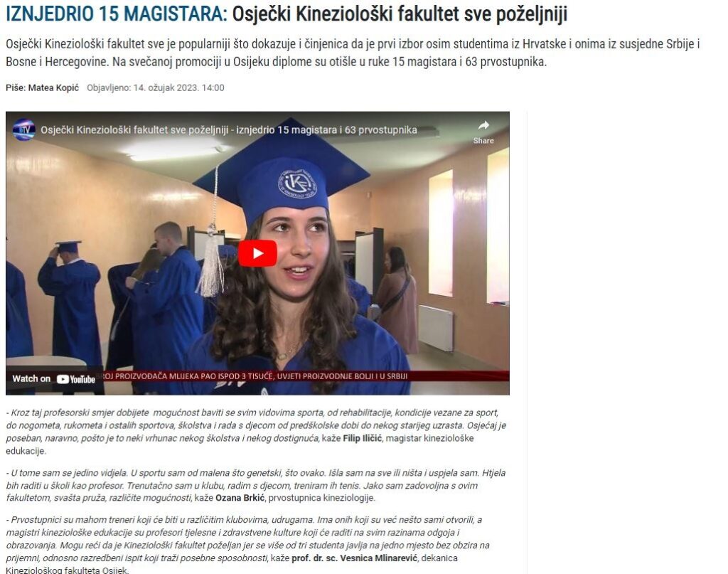 IZNJEDRIO 15 MAGISTARA: Osječki Kineziološki fakultet sve poželjniji -STV Osijek