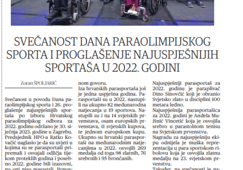 SVEČANOST DANA PARAOLIMPIJSKOG SPORTA I PROGLAŠENJE NAJUSPJEŠNIJIH SPORTAŠA U 2022. GODINI